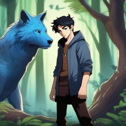 A young human male druid with black short hair and blue eyes is using a totem with a beast