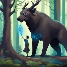 A young human male druid with black short hair and blue eyes is using a totem with a beast