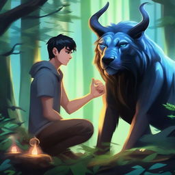 A young human male druid with black short hair and blue eyes is using a totem with a beast