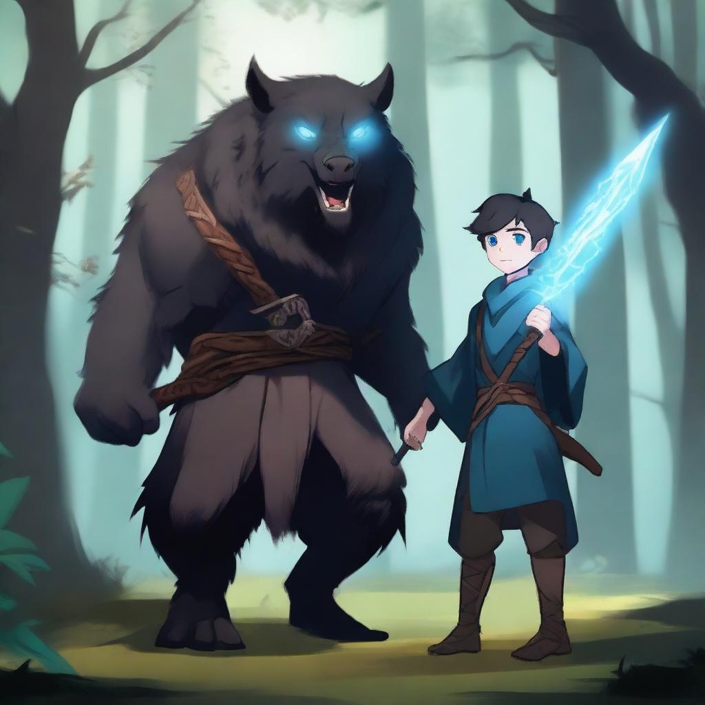 A young human male druid with black short hair and blue eyes, wielding a yklwa weapon