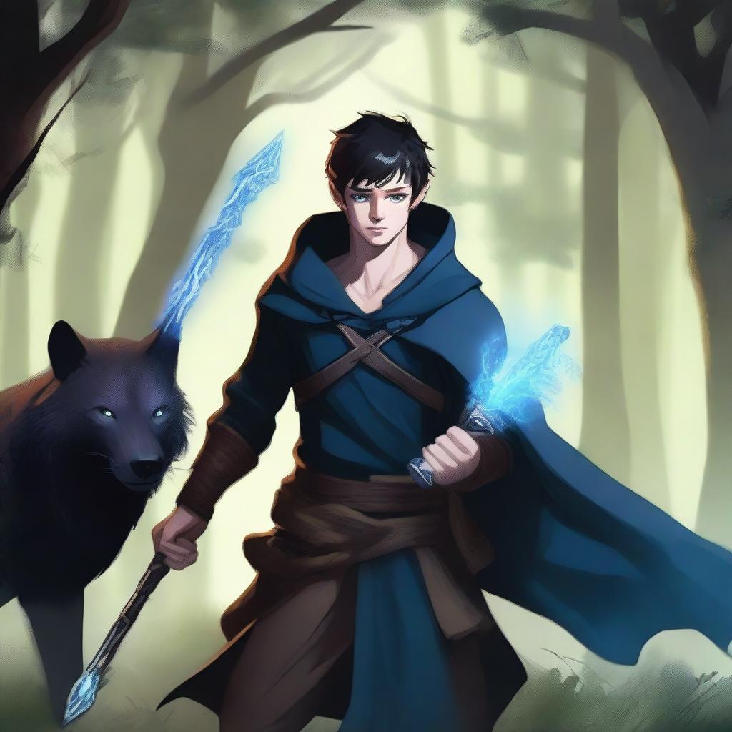 A young human male druid with black short hair and blue eyes, wielding a yklwa weapon