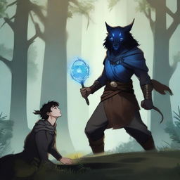 A young human male druid with black short hair and blue eyes, wielding a yklwa weapon