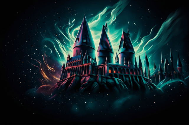 Create an HD graphic for a 'Harry Potter Quiz' YouTube thumbnail background, featuring Hogwarts, wands, spells, and magical elements in a rich, cinematic style