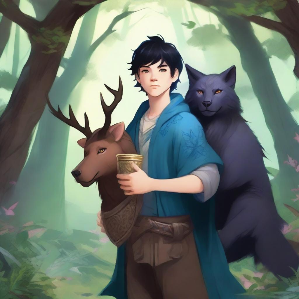 A young human male druid with short black hair and blue eyes