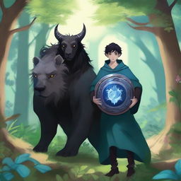 A young human male druid with short black hair and blue eyes