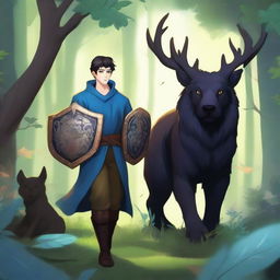 A young human male druid with short black hair and blue eyes