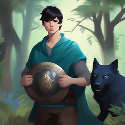 A young human male druid with short black hair and blue eyes