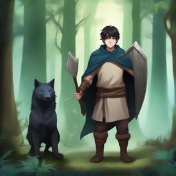 A young human male druid with short black hair and blue eyes, holding a spear and shield