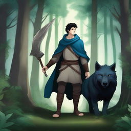 A young human male druid with short black hair and blue eyes, holding a spear and shield