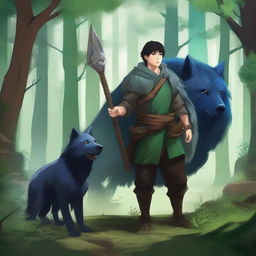 A young human male druid with short black hair and blue eyes, holding a spear and shield