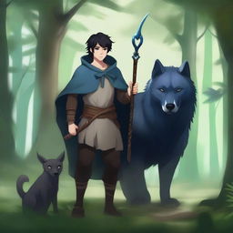 A young human male druid with short black hair and blue eyes, holding a spear and shield