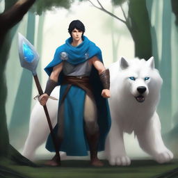 A young human male druid with short black hair and blue eyes, holding a spear and shield