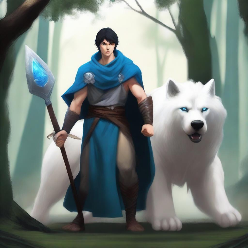 A young human male druid with short black hair and blue eyes, holding a spear and shield