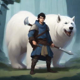 A young human male druid with short black hair and blue eyes, holding a spear and shield