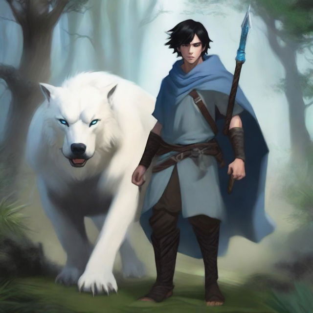 A young human male druid with short black hair and blue eyes, holding a spear and shield