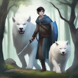 A young human male druid with short black hair and blue eyes, holding a spear and shield