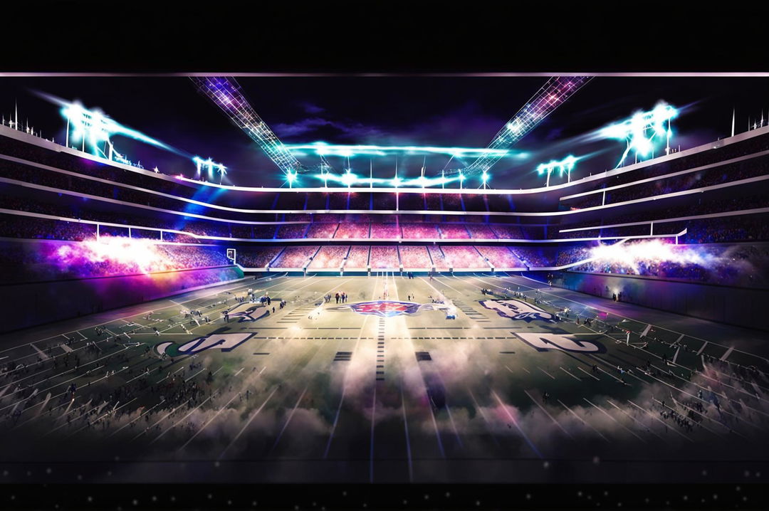 Create an HD graphic for an NFL quiz YouTube thumbnail background, featuring elements like a football field, NFL helmets, jerseys, stadium lights, and action shots of players, with a dynamic and energetic feel