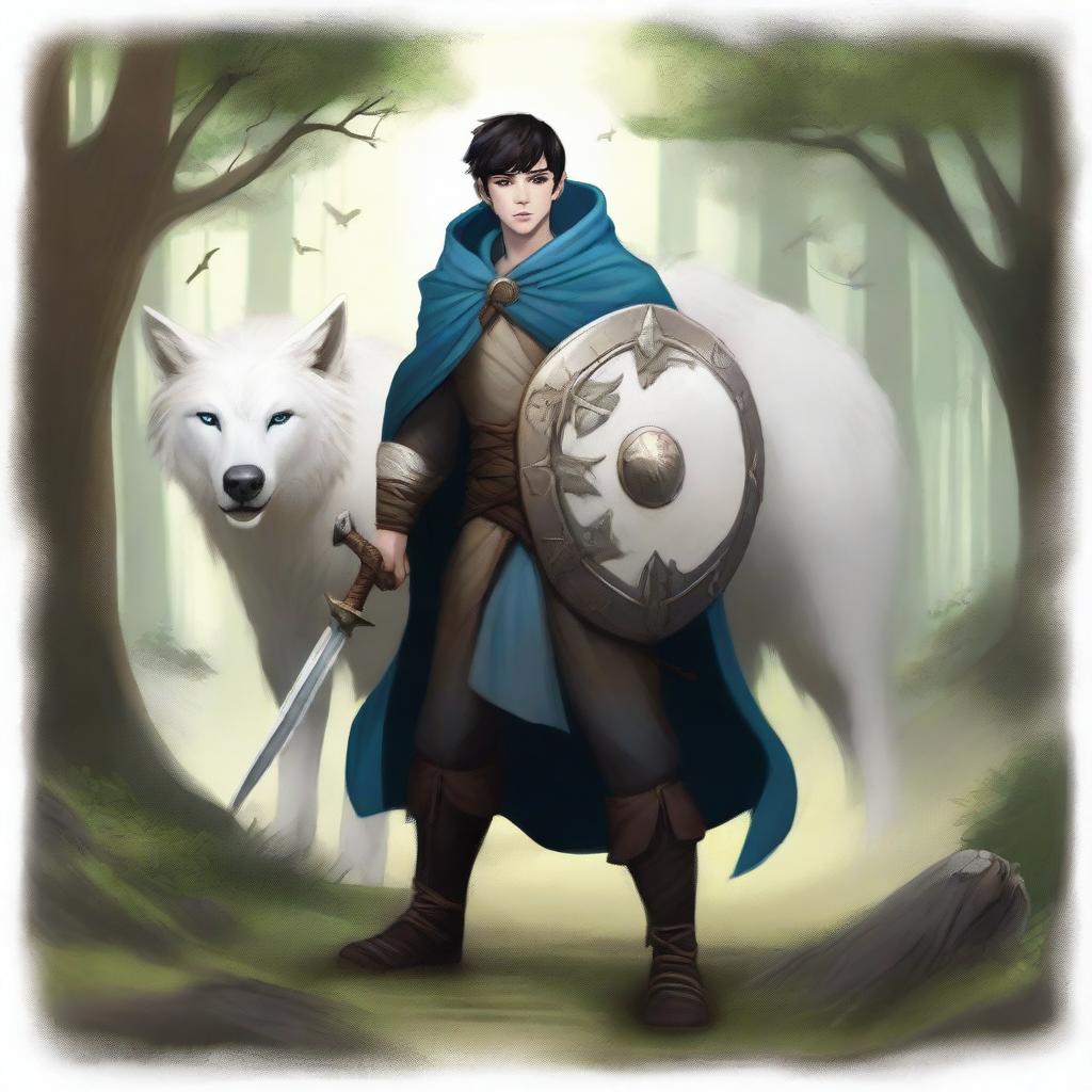 A young human male druid with black short hair and blue eyes, holding a spear and a shield