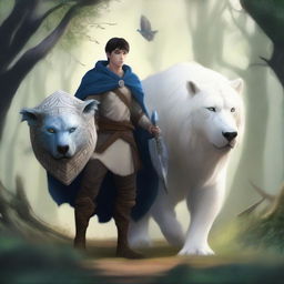 A young human male druid with black short hair and blue eyes, holding a spear and a shield