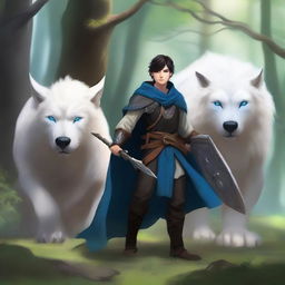 A young human male druid with black short hair and blue eyes, holding a spear and a shield