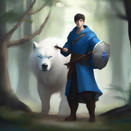 A young human male druid with black short hair and blue eyes, holding a spear and a shield