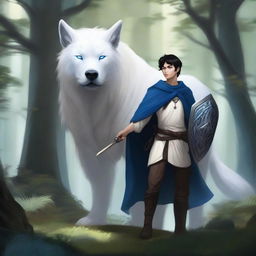 A young human male druid with black short hair and blue eyes, holding a spear and shield