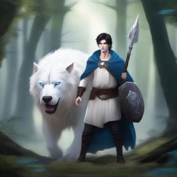 A young human male druid with black short hair and blue eyes, holding a spear and shield