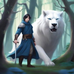 A young human male druid with black short hair and blue eyes, holding a spear and shield