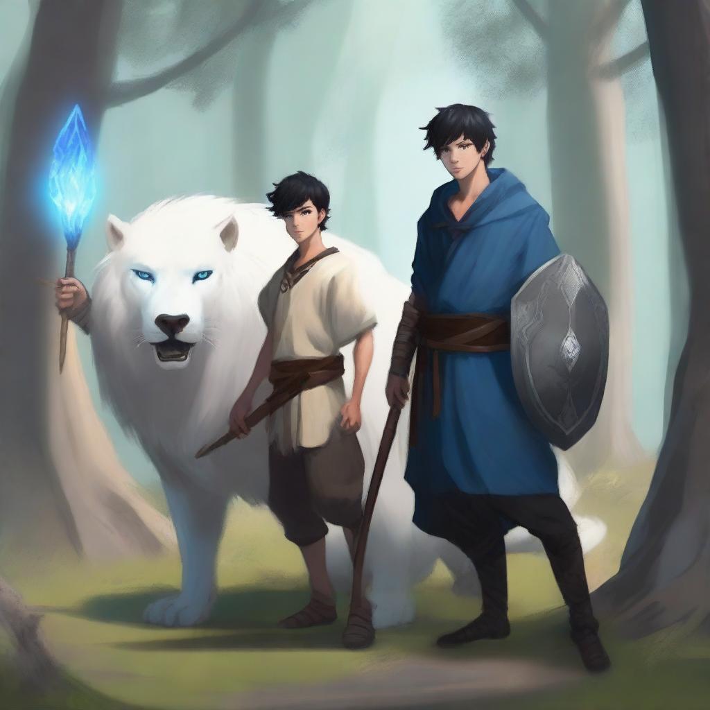 A young human male druid with black short hair and blue eyes, holding a spear and shield