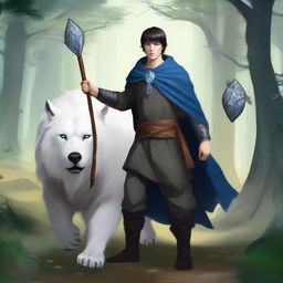 A young human male druid with black short hair and blue eyes, holding a spear and shield