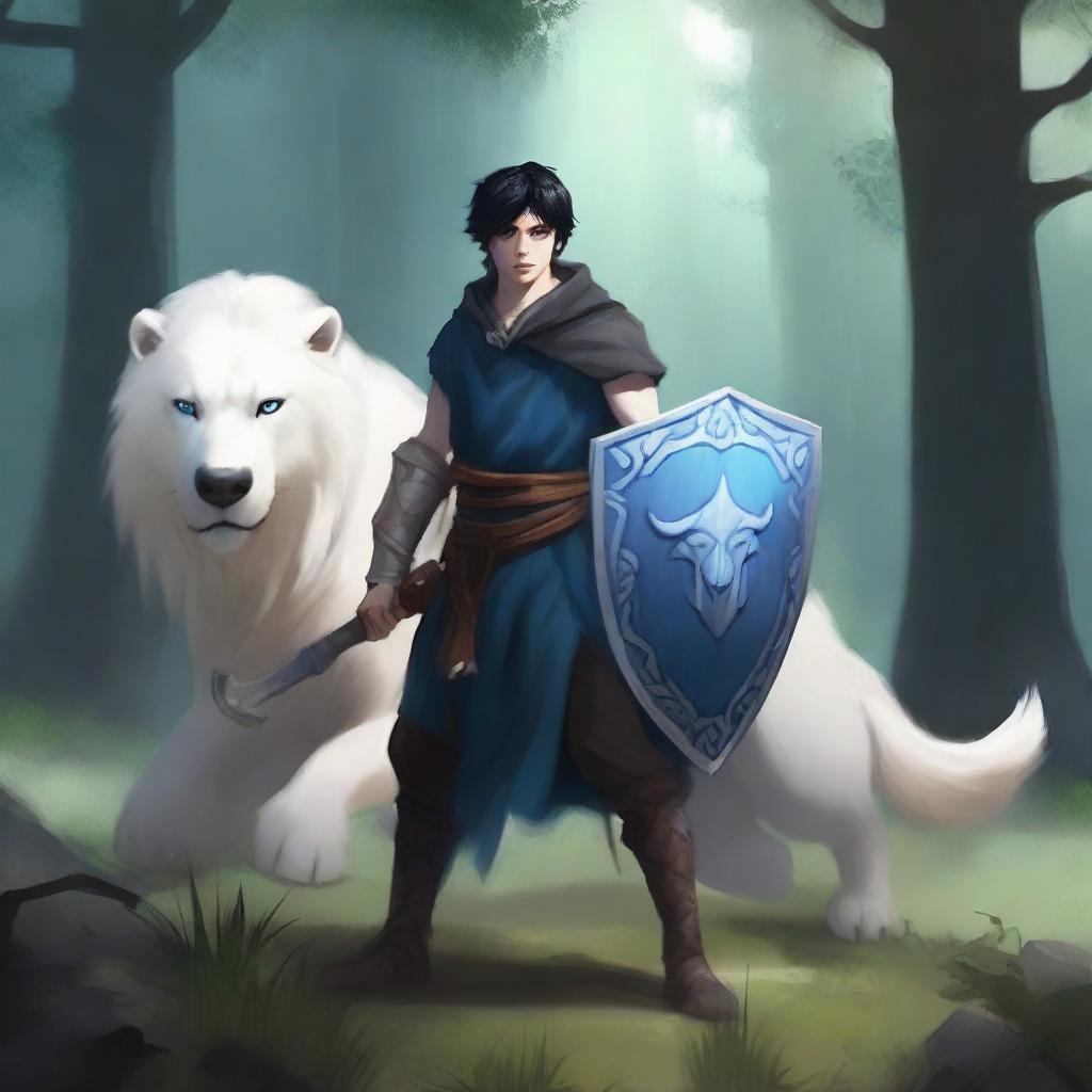 A young human male druid with black short hair and blue eyes, holding a spear and shield