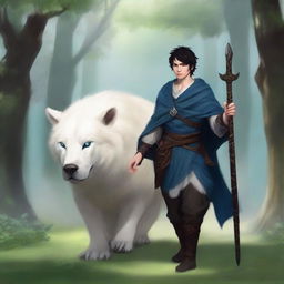 A young human male druid with black short hair and blue eyes, holding a spear and shield