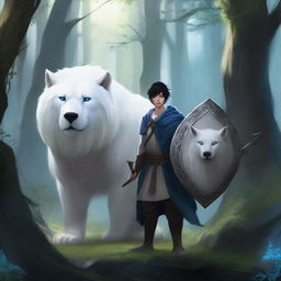 A young human male druid with black short hair and blue eyes, holding a spear and a shield