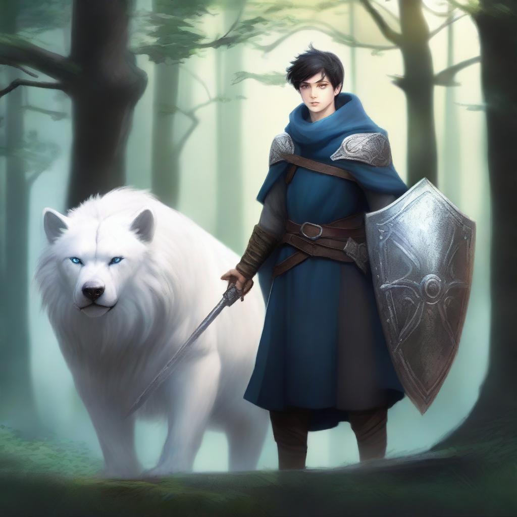 A young human male druid with black short hair and blue eyes, holding a spear and a shield