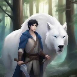 A young human male druid with black short hair and blue eyes, holding a spear and a shield