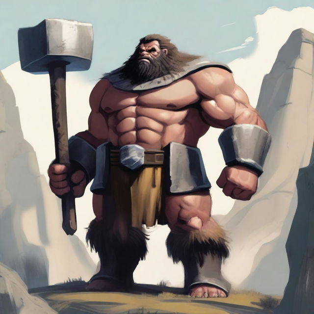 A chunky goliath warrior standing tall with a massive hammer in his hands, ready for battle