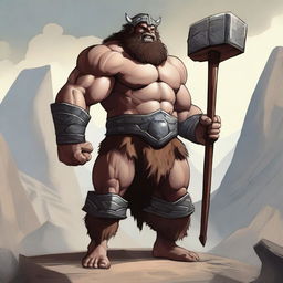 A chunky goliath warrior standing tall with a massive hammer in his hands, ready for battle