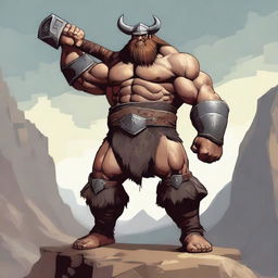 A chunky goliath warrior standing tall with a massive hammer in his hands, ready for battle