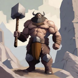 A chunky goliath warrior standing tall with a massive hammer in his hands, ready for battle