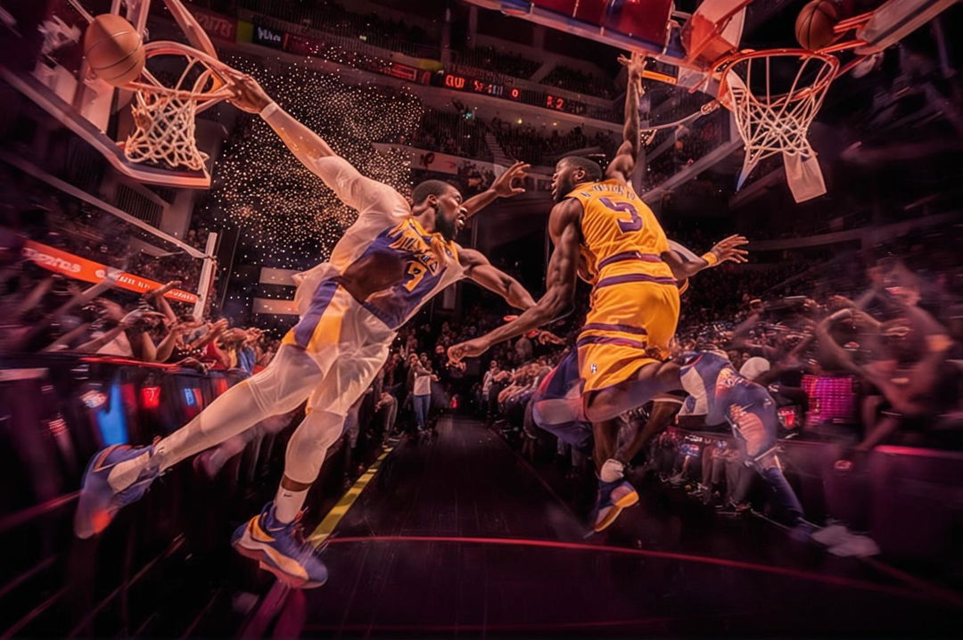 High-definition graphic for an 'NBA Trivia Quiz' YouTube thumbnail with an action shot of an NBA game, no text, vibrant and dynamic background