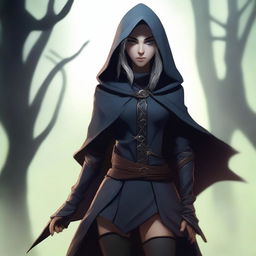 A hooded female elf thief, dressed in dark, stealthy clothing