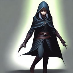 A hooded female elf thief, dressed in dark, stealthy clothing