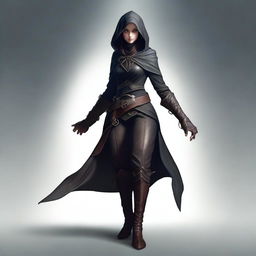 A hooded female elf thief, dressed in dark, stealthy clothing