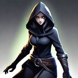 A hooded female elf thief, dressed in dark, stealthy clothing