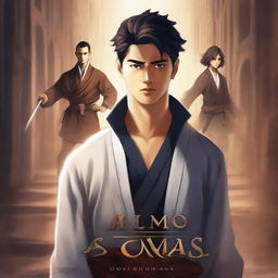 Create a book cover for a light novel titled 'Além das Sombras Arcanas' by Otávio Andrade