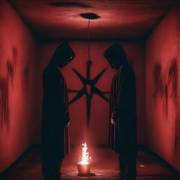 Two extremely hot young men, with expressions of shock and disbelief, witnessing a satanic ritual in an underground chamber