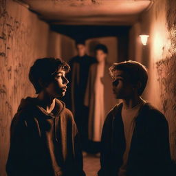 Two attractive male teenagers, with expressions of shock, watching a ritual in an underground chamber