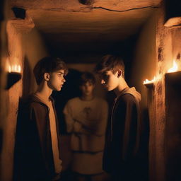 Two attractive male teenagers, with expressions of shock, watching a ritual in an underground chamber