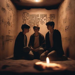 Two attractive male teenagers, with expressions of shock, watching a ritual in an underground chamber