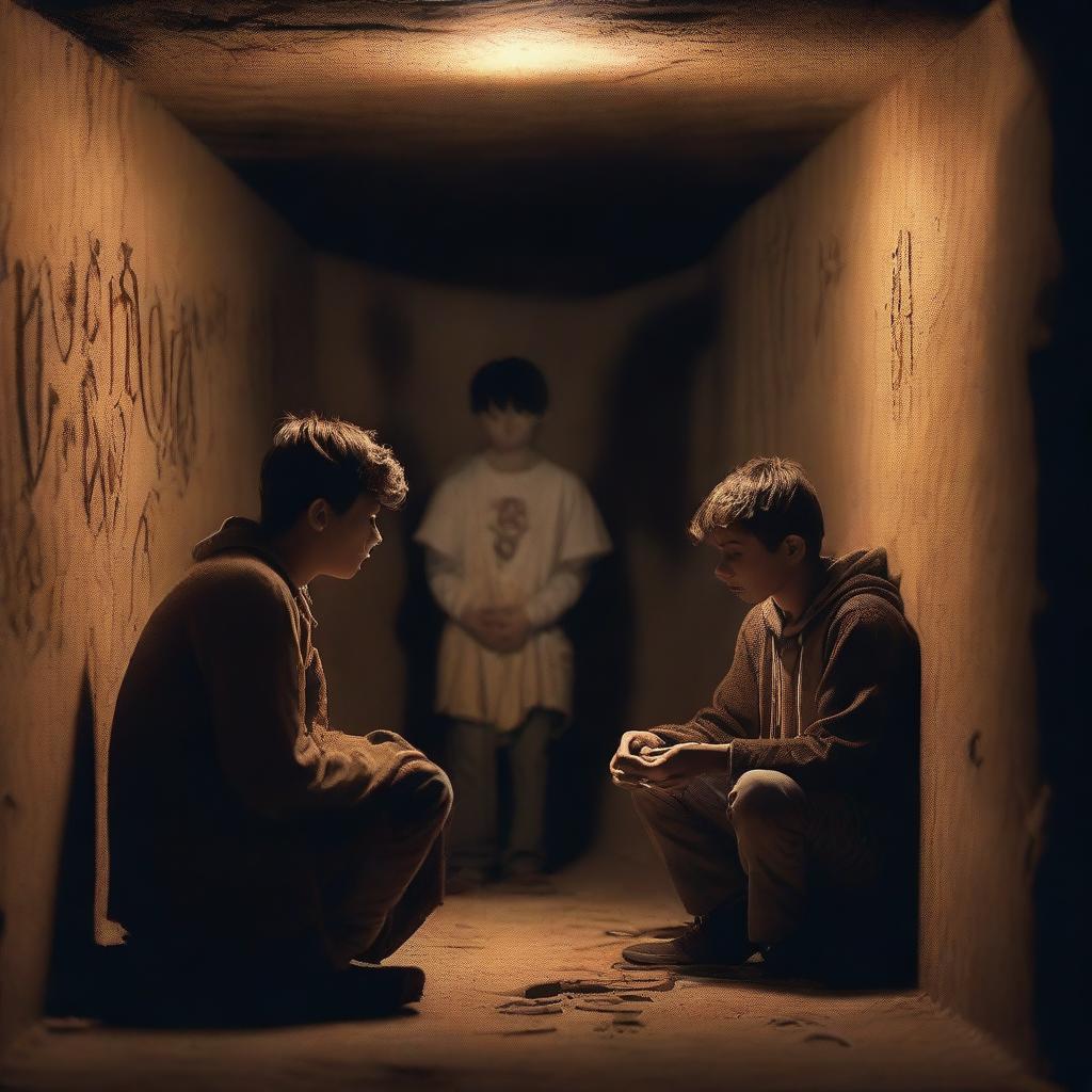 Two attractive male teenagers, with expressions of shock, watching a ritual in an underground chamber